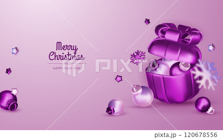 Happy New Year and Merry Christmas. Christmas holiday background with realistic 3d objects, violet and white bauble balls, conical metal stars, gift. Levitation falling design composition. 120678556