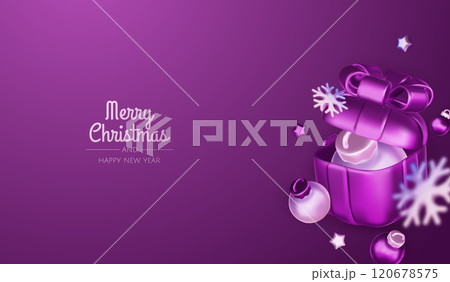 Happy New Year and Merry Christmas. Christmas holiday background with realistic 3d objects, violet and white bauble balls, conical metal stars, gift. Levitation falling design composition. Happy New Year and Merry Christmas. Christmas holiday background with realistic 3d objects, violet and white bauble balls, conical metal stars, gift. Levitation falling design composition. 120678575