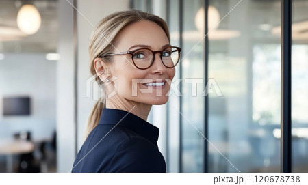 Portrait of a mature business woman professional in office room with glass walls and modern style 120678738