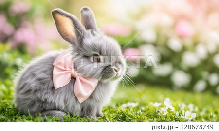 A cute fluffy gray rabbit, Easter bunny adorned with a silky pink bow, sitting on vibrant green grass in a blooming garden. The soft sunlight and bokeh create a festive seasonal atmosphere 120678739