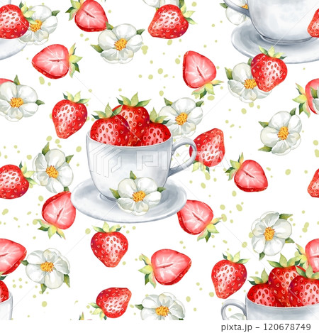 Red strawberries and tea cup seamless pattern. Hand-drawn background illustration in watercolor style for summer cover, wallpaper, backdrop 120678749