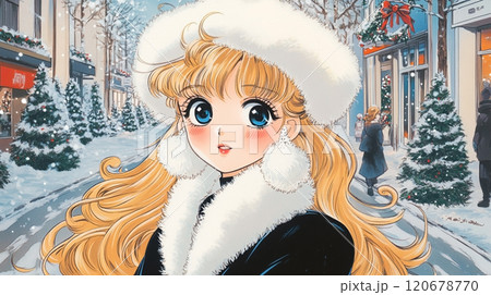 Vintage style anime illustration of a cute lady with long blonde hair and big expressive blue eyes, wearing a cozy winter outfit on a street with Christmas trees and shops Vintage style anime illustration of a cute lady with long blonde hair and big expressive blue eyes, wearing a cozy winter outfit on a street with Christmas trees and shops 120678770