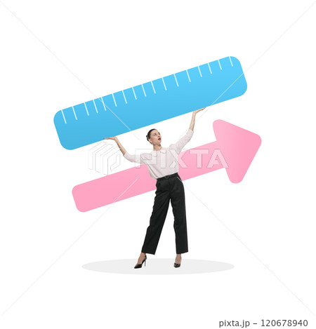 Businesswoman holding blue ruler and pink arrow, representing performance measurement and growth in corporate strategy. Conceptual design. 120678940