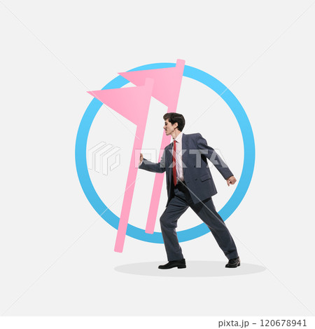 Objective. Businessman in suit striving towards pink flag targets, symbolizing goal setting and achievement in business. Conceptual design. 120678941