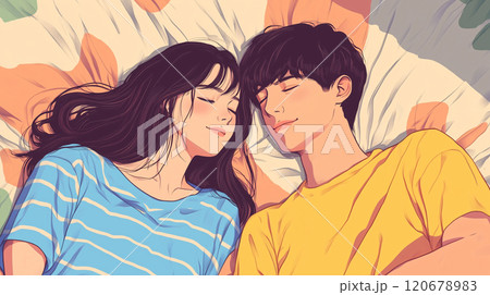 ベッドで一緒に寝るカップル（AI生成画像） 120678983