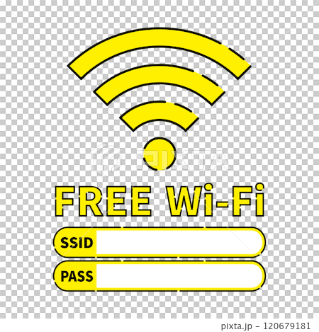 Wi-Fi icon with text, stylish, dashed line, retro style, yellow, SSID and PASS entry Wi-Fi icon with text, stylish, dashed line, retro style, yellow, SSID and PASS entry 120679181