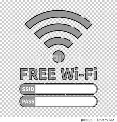 Wi-Fi icon with text, stylish, dashed line, retro style, gray, monochrome, SSID and PASS entry 120679182
