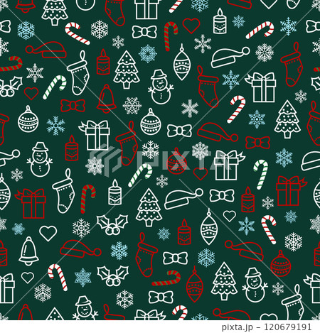 Christmas, New Year, holidays, contour drawing, seamless pattern, illustration, vector Christmas, New Year, holidays, contour drawing, seamless pattern, illustration, vector 120679191