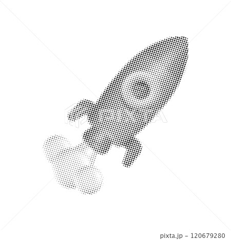 3d halftone rocket. Modern dotted collage element isolated on transparent background. Business startup concept. Creating ideas. Illustration with cut out newspaper elements 120679280