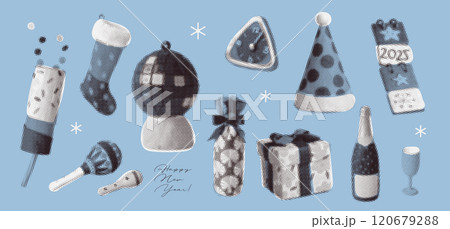 Cozy Happy New Year set with trendy halftone elements for collages design, retro banners and vintage posters. Vector illustration. 120679288