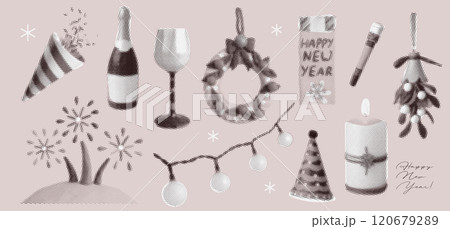 Christmas halftone collage dotted elements set. Various monochrome New Year stickers with vintage texture. Modern retro grunge mixed media vector illustration 120679289