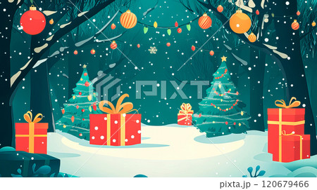 Christmas greeting background with pine tree and gift boxes 120679466