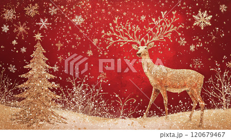Christmas background with glittering christmas tree, snowflakes and deer with antlers 120679467