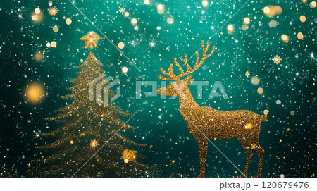 Christmas background with glittering christmas tree, snowflakes and deer with antlers 120679476