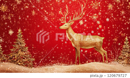 Christmas background with glittering christmas tree, snowflakes and deer with antlers 120679727