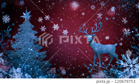 Christmas background with glittering christmas tree, snowflakes and deer with antlers Christmas background with glittering christmas tree, snowflakes and deer with antlers 120679753