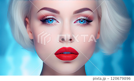Young blonde woman with red lipstick on her lips 120679896