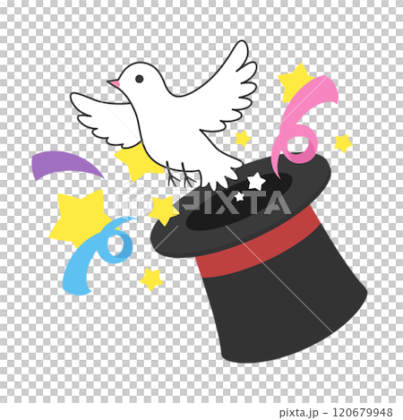 Flat illustration of a white dove flying out of a top hat by magic trick Flat illustration of a white dove flying out of a top hat by magic trick 120679948