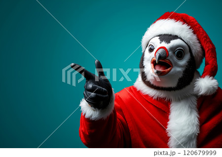A penguin dressed as Santa Claus giving a peace sign 120679999