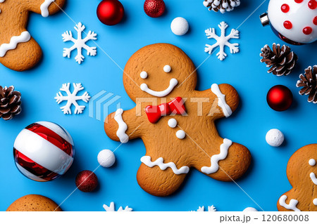 A group of gingerbread men and christmas decorations on a blue background 120680008