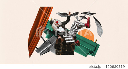 Clown with red nose tumbles backward in surreal composition featuring vintage suitcases, abstract leaves, and theatrical curtains. Contemporary art collage. 120680319