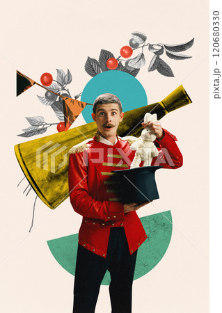 Young circus magician in red coat pulls rabbit from top hat, surrounded by playful retro elements and abstract shapes. Contemporary art collage. 120680330
