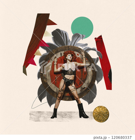 Red-haired circus performer, woman dressed in vintage burlesque attire standing tied to wooden spinning wheel. Contemporary art collage. 120680337