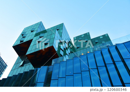 Colorful glass skyscrapers, building facades, minimalistic cityscape, modern architecture Colorful glass skyscrapers, building facades, minimalistic cityscape, modern architecture 120680346