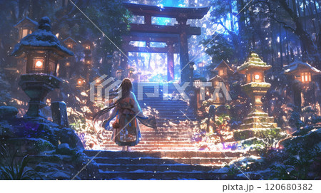 雪の夜の神社の美しい参道 120680382