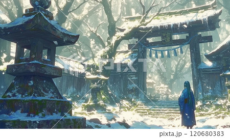 雪に包まれた神社の静寂 120680383