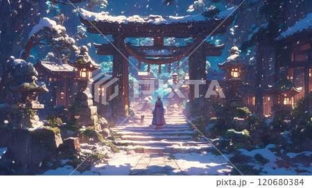 雪降る神社の夜の参道 120680384