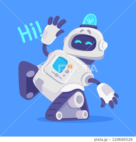 Robot and Modern Electronic Humanoid Machine Say Hi Vector Illustration 120680526