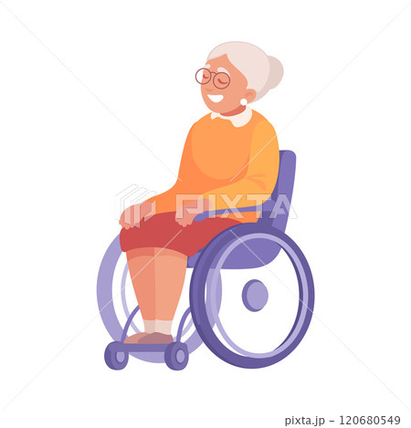 Elderly Happy Woman Character on Wheelchair Vector Illustration 120680549