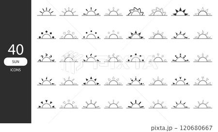 sun icon symbol sunlight summer light sunshine weather ray sunrise. graphic design sunny solar hot set shine heat vector illustration. sign flat isolated sunburst element warm bright sunset. 120680667