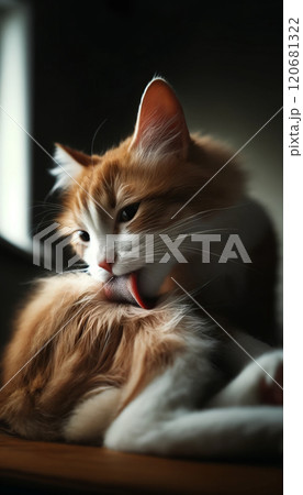 The image captures a close-up of an orange and white cat grooming itself, highlighted by a soft light from the side. 120681322