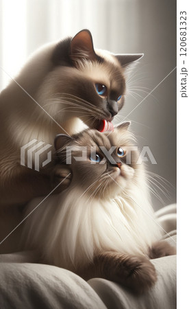 The image showcases two beautiful Siamese cats, one grooming the other, set in a serene indoor environment. 120681323