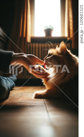 The image depicts a warm interaction between a human hand and a fluffy cat basking in soft sunlight indoors. 120681325