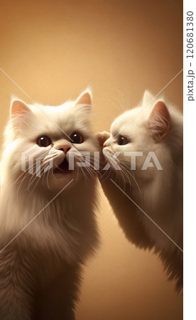 The image shows two white cats in a sunlit room, one seemingly whispering or hissing to the other. 120681380