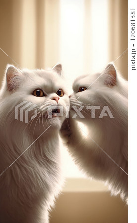 The image shows two white cats in a sunlit room, one seemingly whispering or hissing to the other. 120681381