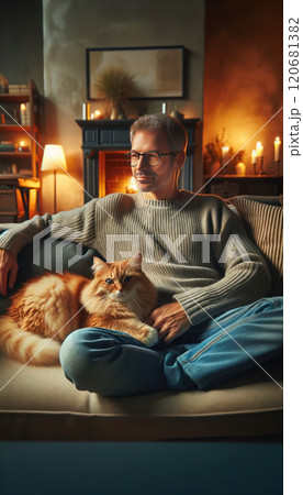 The image portrays a cozy scene of a man relaxing on a couch with his fluffy orange cat in a warmly lit room. 120681382