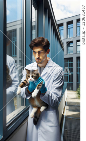A man in a lab coat and gloves holds a cat by a window in a modern building. A man in a lab coat and gloves holds a cat by a window in a modern building. 120681457