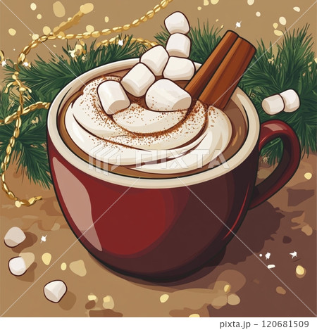 Hot Cocoa with Whipped Cream, Marshmallows, and Cinnamon Stick Hot Cocoa with Whipped Cream, Marshmallows, and Cinnamon Stick 120681509