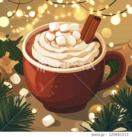 Hot Cocoa with Whipped Cream, Marshmallows, and Cinnamon Stick 120681515