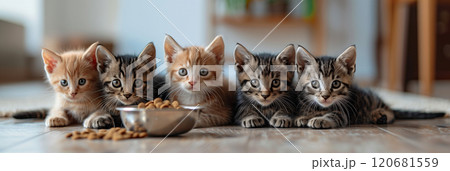 Selective focus of A group of kittens are eating in the house. 120681559