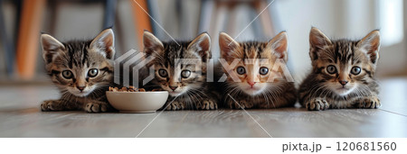 Selective focus of A group of kittens are eating in the house. 120681560