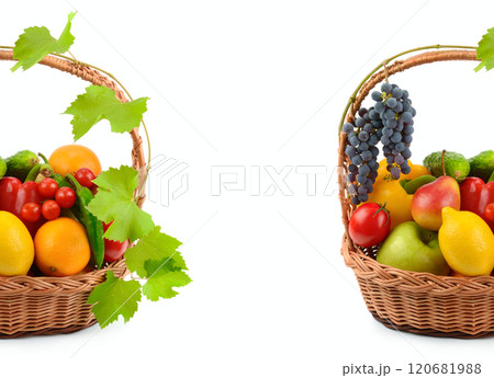 Set of vegetables and fruits in wicker basket isolated on white. Free space for text. Collage. Set of vegetables and fruits in wicker basket isolated on white. Free space for text. Collage. 120681988