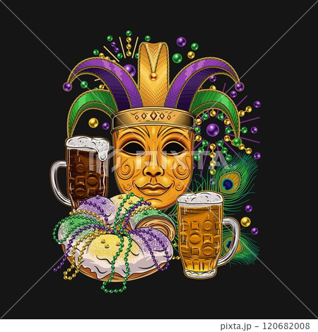 Composition with carnival golden venetian face mask in jester harlequin hat, traditional festival Mardi Gras food, beer and king cake. Peacock feathers, bead behind. 120682008