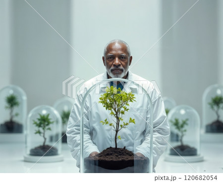 Scientist with a sprout in a laboratory. 120682054