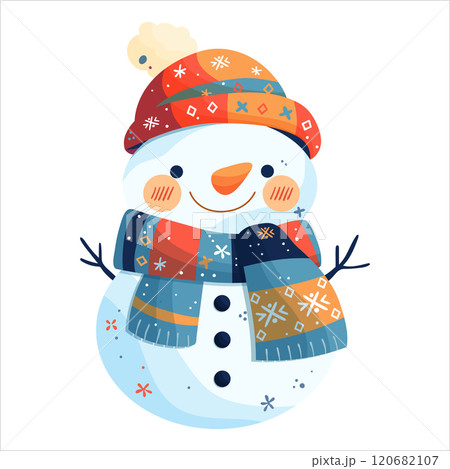 A snowman in an orange hat and a blue scarf decorated with snowflakes. A snowman in an orange hat and a blue scarf decorated with snowflakes. 120682107