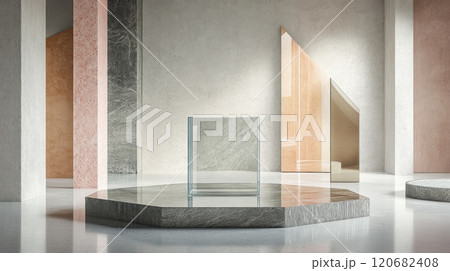 Modern polyhedral marble podium with granite, glass and mirror elements in muted tones 120682408